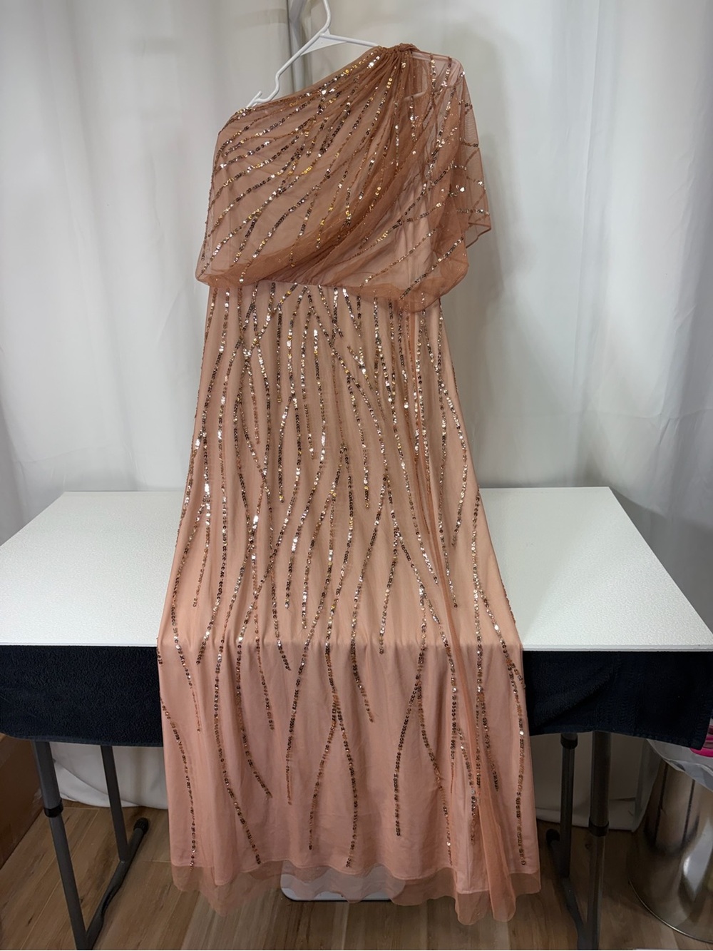 Adrianna Papell Rose Gold One-Shoulder Sequin Evening Gown 3458